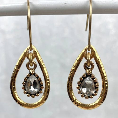 Gold Hammered Teardrop Crystal Charm Earrings (hanging display)