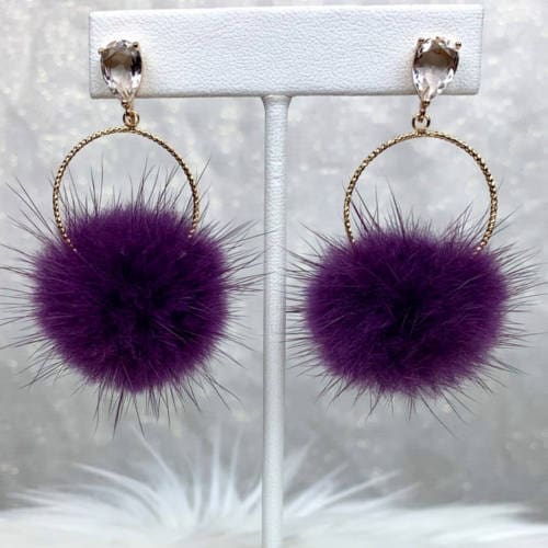 Purple Mink Furry Pompoms Earrings (Hanging Display)