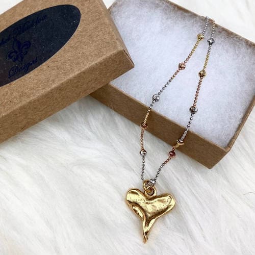 Rustic Heart Pendant Necklace (Tri Color with Box)