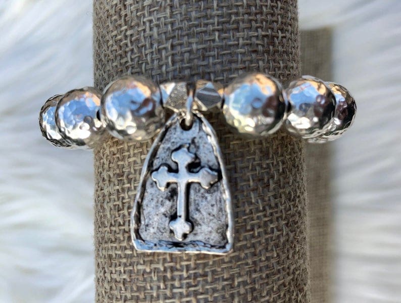 Beautiful Sterling Silver Plated Hammered Copper 10mm Bead Stretch Religious Bracelet, w/22mm Antique Silver Pewter Arch Cross Charm/Pendant - Image 3