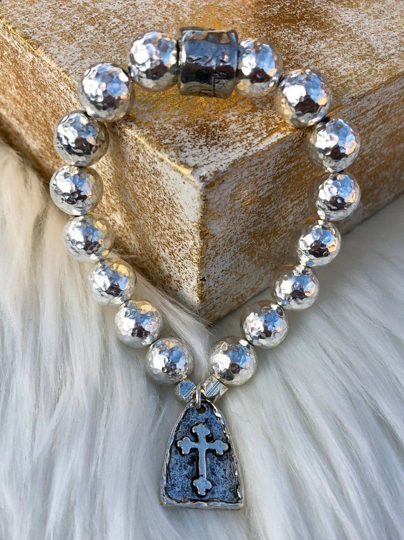 Beautiful Sterling Silver Plated Hammered Copper 10mm Bead Stretch Religious Bracelet, w/22mm Antique Silver Pewter Arch Cross Charm/Pendant - Image 2