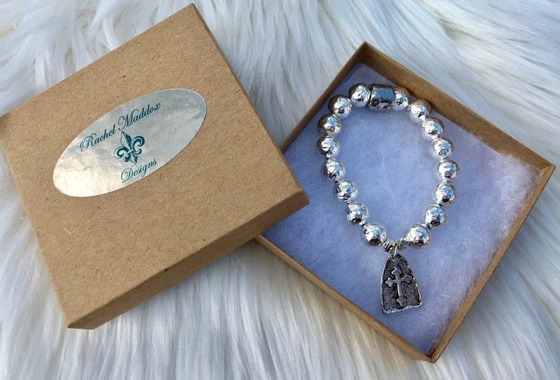 Beautiful Sterling Silver Plated Hammered Copper 10mm Bead Stretch Religious Bracelet, w/22mm Antique Silver Pewter Arch Cross Charm/Pendant