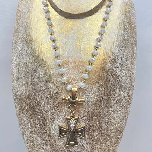 Antique Gold Cross With Marquise Charm Necklace