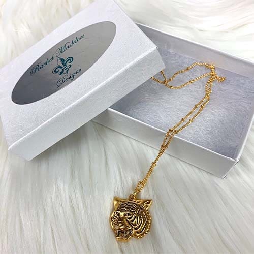 -18K Gold Plated Satellite Chain (lead, cadmium & nickel free) - 16", 18" or 24" available lengths -Gold Plated Pewter Tiger Head Pendant