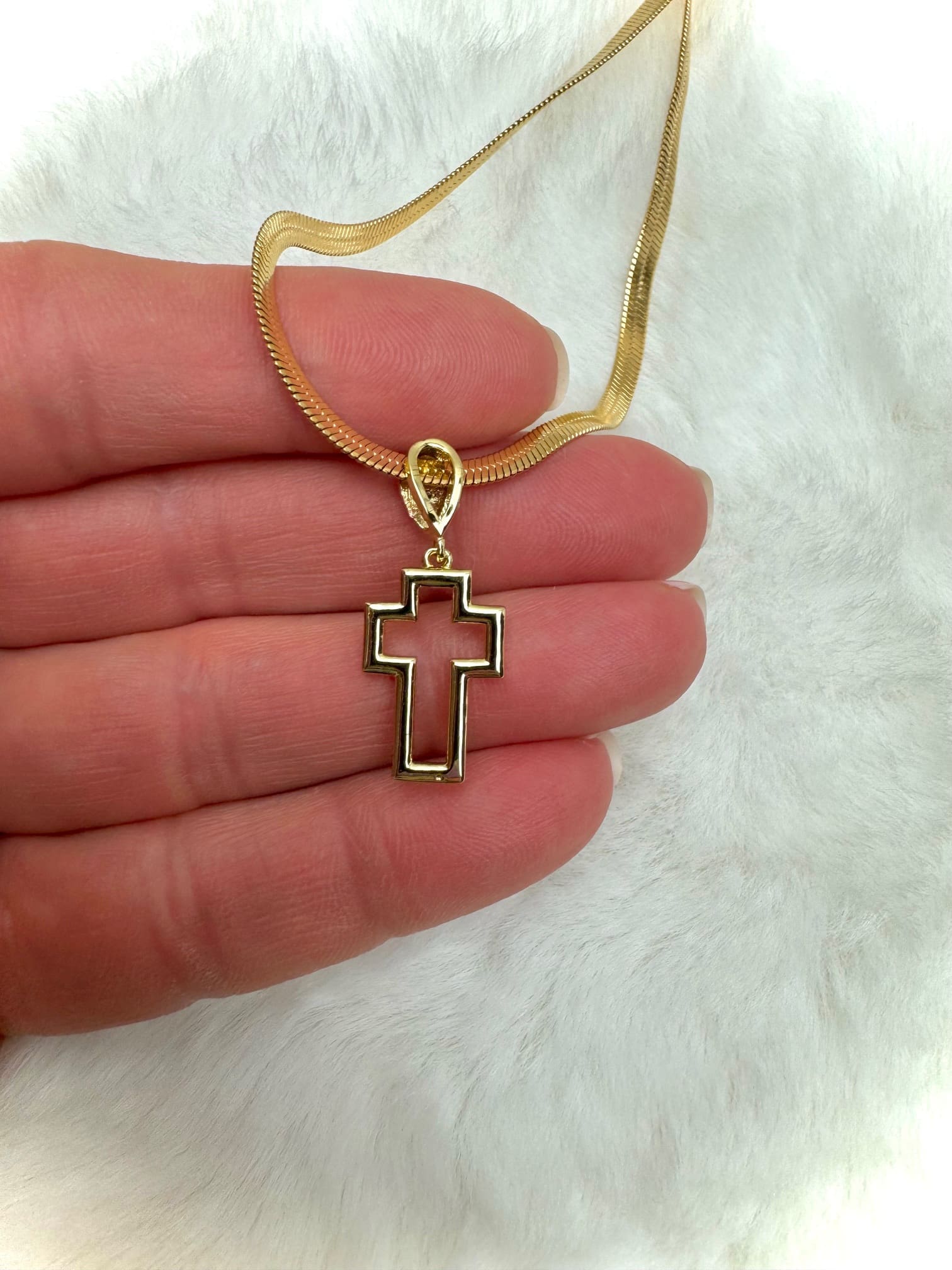 Rhinestone Cross Pendant on a Gold Plated Snake Chain Necklace 