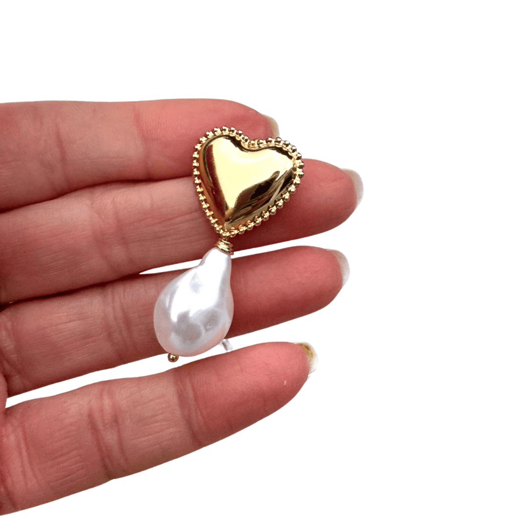 14K Gold and Pearl Heart Dangle Earrings