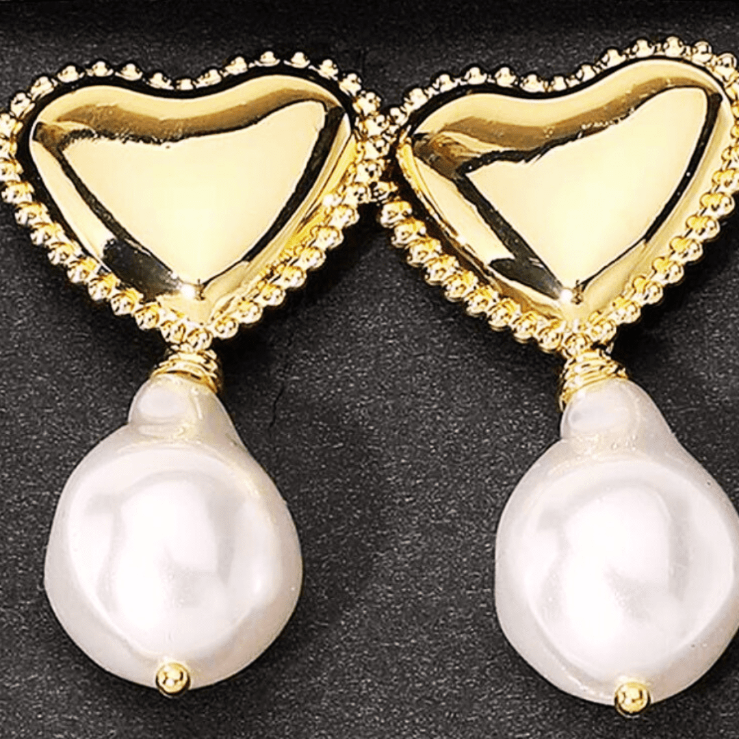14K Gold and Pearl Heart Dangle Earrings - Image 5